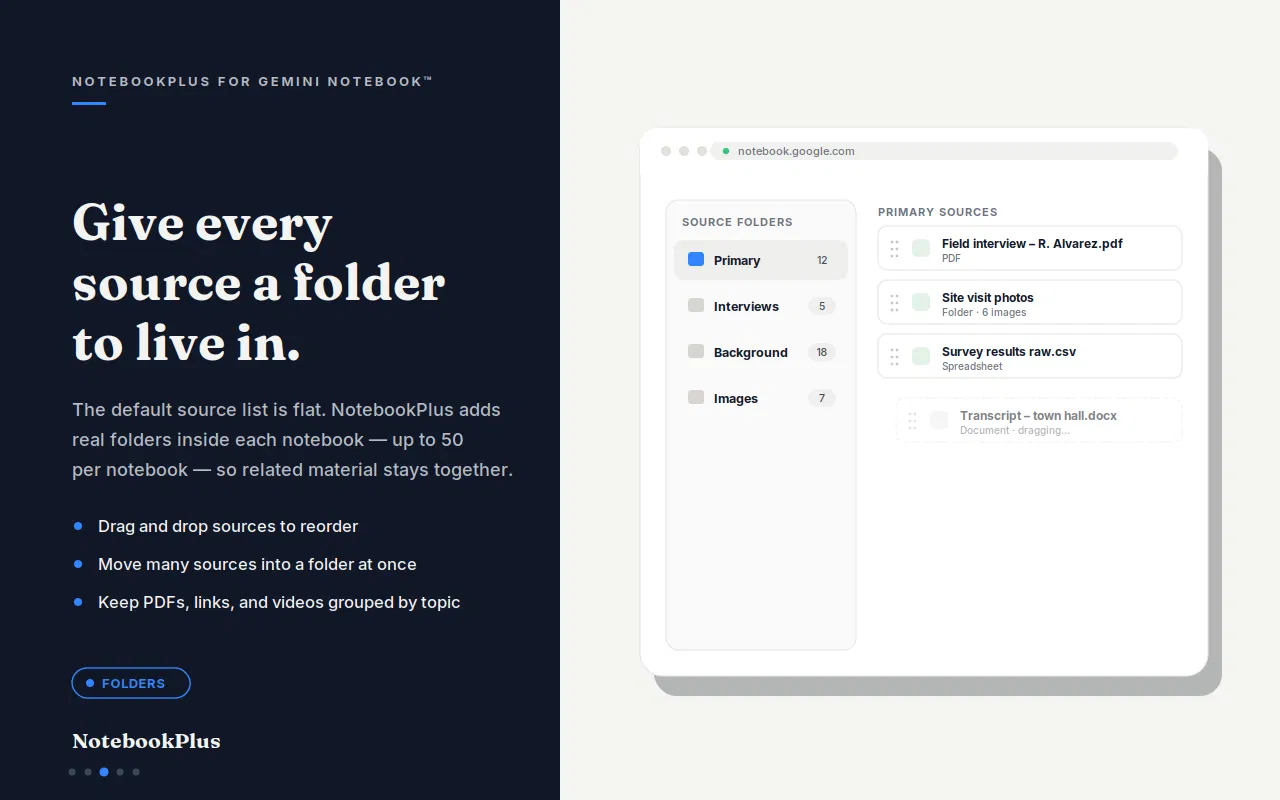 NotebookLM source folders for organizing documents and links